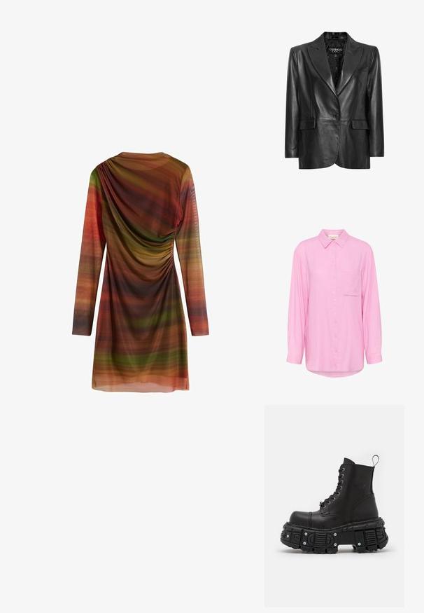 Zwarte leren blazer met een gesneden revers, enkele knoopsluiting, twee voorzakken en een gestructureerde voering. Ontworpen met een getailleerde pasvorm.; Lichtroze button-up shirt met een kraag, lange mouwen, een voorkruiszak en geborduurde details op de zak. Zachte stoffen textuur.; Langsleeve jurk van lichtgewicht stof met meerkleurige horizontale strepen in tinten groen, oranje en bruin; voorzien van gathered details.; Zwarte leren gevechtslaarzen met een hoge schacht, vetersluiting, dikke rubberen zool en metalen accenten op de basis van de zool.