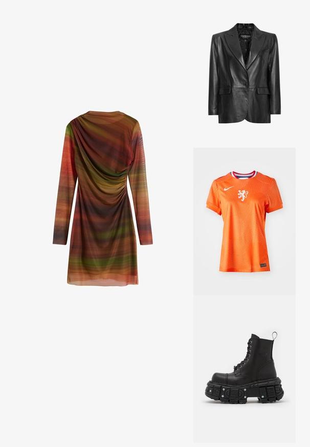 Zwarte leren blazer met een gesneden revers, enkele knoopsluiting, twee voorzakken en een gestructureerde voering. Ontworpen met een getailleerde pasvorm.; Oranje voetbaltshirt met witte leeuw-embleem, ronde halslijn met rode en blauwe accenten, stippenpatroon op het oppervlak, korte mouwen en zwart labeldetail.; Langsleeve jurk van lichtgewicht stof met meerkleurige horizontale strepen in tinten groen, oranje en bruin; voorzien van gathered details.; Zwarte leren gevechtslaarzen met een hoge schacht, vetersluiting, dikke rubberen zool en metalen accenten op de basis van de zool.