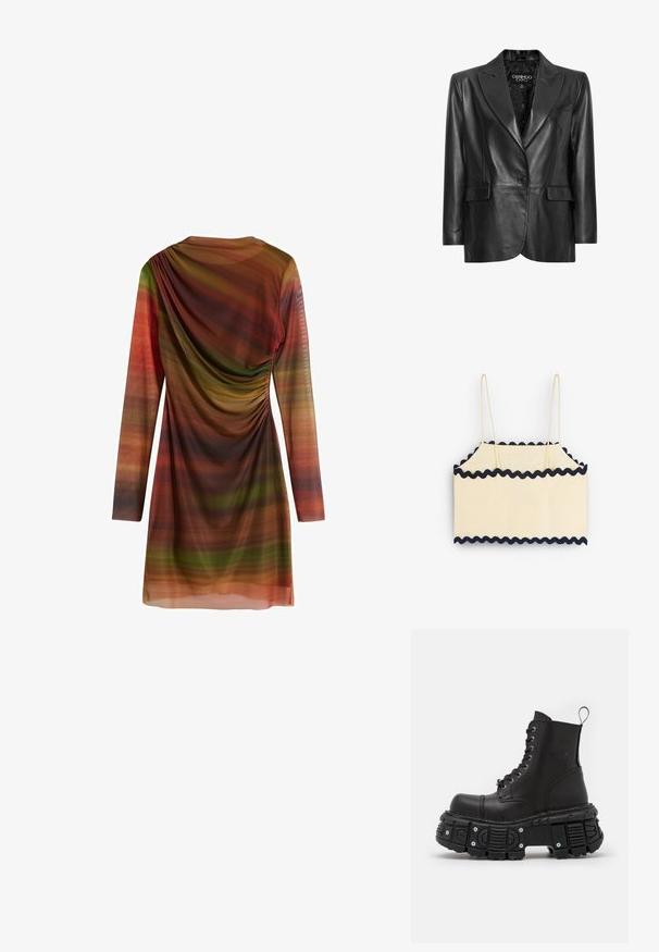 Blazer en cuir noir avec un revers cranté, fermeture à un boutonnage, deux poches avant et doublure texturée. Conçu avec une coupe ajustée.; Crop top de couleur crème avec un ourlet festonné bleu marine, présentant des bretelles fines et un design rectangulaire simple. Texture douce et tissu léger.; Robe à manches longues en tissu léger avec des rayures horizontales multicolores dans des nuances de vert, orange et marron; présente des détails froncés.; Bottes de combat en cuir noir avec une tige haute, fermeture à lacets, semelle en caoutchouc épaisse et accents métalliques à la base de la semelle.