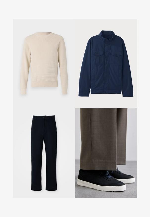Granatowa kurtka wykonana z bawełny, z kołnierzem stojącym, dwiema przednimi kieszeniami i zapięciem na napy. Gładka tekstura z wyraźnie zarysowanym krojem.; Beżowy dziergany sweter z teksturowanym wzorem, okrągłym dekoltem oraz ściągaczami przy mankietach i dolnym brzegu. Klasyczny krój z długimi rękawami.; Granatowe spodnie wykonane z bawełny, z prostą nogawką, z zapięciem na guziki z przodu oraz klasycznym pasem z pętelkami na pasek.; Czarne zamszowe sneakersy z białymi gumowymi podeszwami, z zaokrąglonym noskiem i sznurówkami, noszone z szarymi dopasowanymi spodniami.