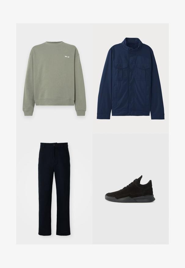 Mörkblå jacka i bomull, med ståkrage, två framfickor och tryckknappsstängning. Slät textur med en strukturerad design.; Olivgrön sweatshirt tillverkad av bomull, med rundad halsringning, ribbade ärmslut och en liten vit textlogotyp på bröstet.; Mörkblå bomullsbyxor med rak bendesign, frontknappstängning och klassisk midja med bälteshällor.; Svart mockaskor med låg profil, texturerad ovansida, platta snören och en solid gummisula med en lätt klack och böjd design.