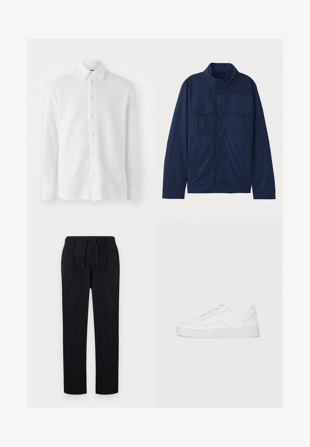 Giacca blu navy in cotone, con colletto alto, due tasche frontali e chiusura a bottoni a pressione. Texture liscia con un design strutturato.; Camicia bianca con bottoni in tessuto testurizzato. Presenta un colletto classico, maniche lunghe e sei bottoni frontali. Design morbido e leggero.; Pantaloni neri in tessuto liscio, con vita regolabile, gambe dritte e pieghe frontali per un aspetto strutturato.; Sneaker bassa bianca con lacci, tomaia liscia e suola in gomma su sfondo chiaro.