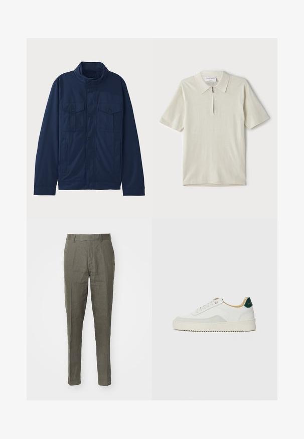 Tamsiai mėlyna medvilninė striukė, turinti stovinčią apykaklę, dvi priekinės kišenes ir spaudžių užsegimą. Glotnus paviršius su struktūrizuotu dizainu.; Šviesiai bežinis trumpomis rankovėmis polo marškinėliai su užtrauktuku ant apykaklės. Pagaminti iš lygaus audinio, pasižymi paprastu, moderniu dizainu be raštų.; Tiger of Sweden TENUTA - Kelnės - thyme; Baltos sportbačiai su zomšos akcentais, apvaliu nosiu, plokščiais raišteliais ir kreminės spalvos guminiu padu. Ant kulno yra žalia ženklinimo detalė.