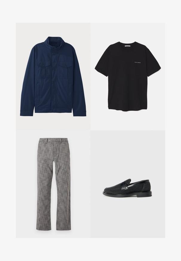 Giacca blu navy in cotone, con colletto alto, due tasche frontali e chiusura a bottoni a pressione. Texture liscia con un design strutturato.; T-shirt in cotone nero con collo rotondo, maniche corte e stampa bianca del logo sul lato sinistro del petto. Design semplice e monocromatico.; Pantaloni grigi con motivo e design a gamba dritta. Realizzati in un tessuto testurizzato, presentano una chiusura frontale e tasche laterali.; Scarpa nera a mocassino intrecciata con un accentuato in pelle liscia sulla parte superiore, design a punta rotonda e suola in gomma a profilo basso.