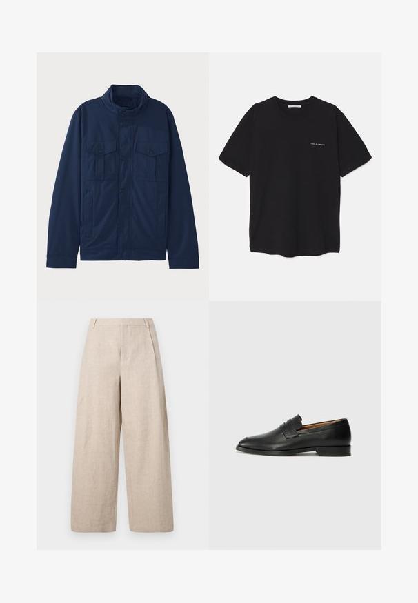 Tengerészkék pamut dzseki, álló gallérral, két elülső zsebbel és patentos záródással. Simas texture és struktúrált dizájn jellemzi.; Fekete pamut T-shirt kerek nyakkivágással, rövid ujjakkal, és fehér logónyomattal a bal mellrészen. Egyszerű, egyszínű dizájn.; Holzweiler ALEX ONE PLEAT TROUSER - Nadrágok - ecru; Fekete bőr mokaszin, kerek orral, diszkrét varrásokkal és alacsony sarokkal, sima felülettel és minimalista dizájnnal.