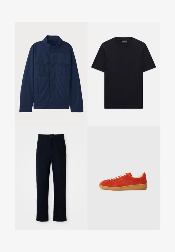 Veste bleu marine en coton, dotée d'un col montant, de deux poches avant et d'une fermeture à bouton-pression. Texture lisse avec un design structuré.; T-shirt noir à manches courtes et col ras du cou avec un design de logo en relief subtil centré sur la poitrine et une étiquette de marque à l'intérieur du col.; Pantalon bleu marine en coton, avec une coupe droite, une fermeture à bouton à l'avant et une taille classique avec passants de ceinture.; Baskets en daim rouge avec des lacets blancs, semelle en caoutchouc beige et logo doré sur le côté. Bout arrondi et design bas.