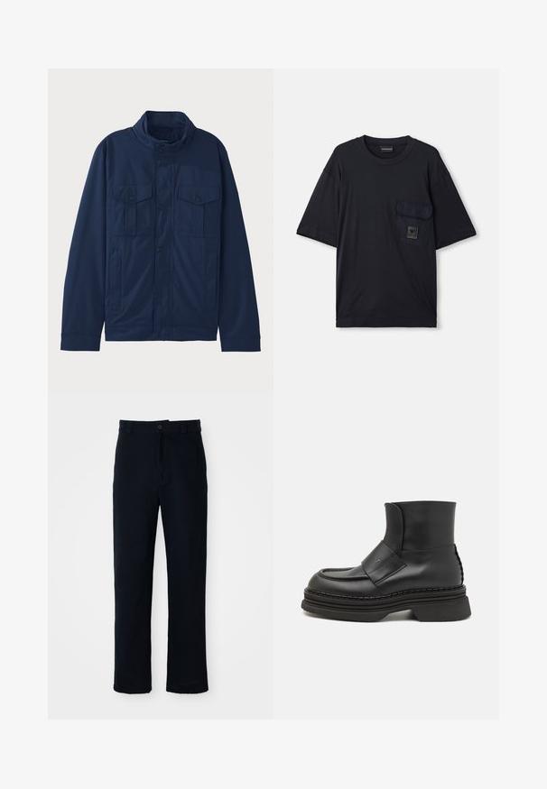 Navy blue jacket made of cotton, featuring a stand-up collar, two front pockets, and snap button closure. Smooth texture with a structured design.; Black short-sleeve crew neck T-shirt with a flap pocket on the left chest featuring a small rectangular logo patch.; Navy blue trousers made of cotton, featuring a straight-leg design, a front button closure, and classic waistband with belt loops.; The Antipode BOOT - Classic ankle boots - black