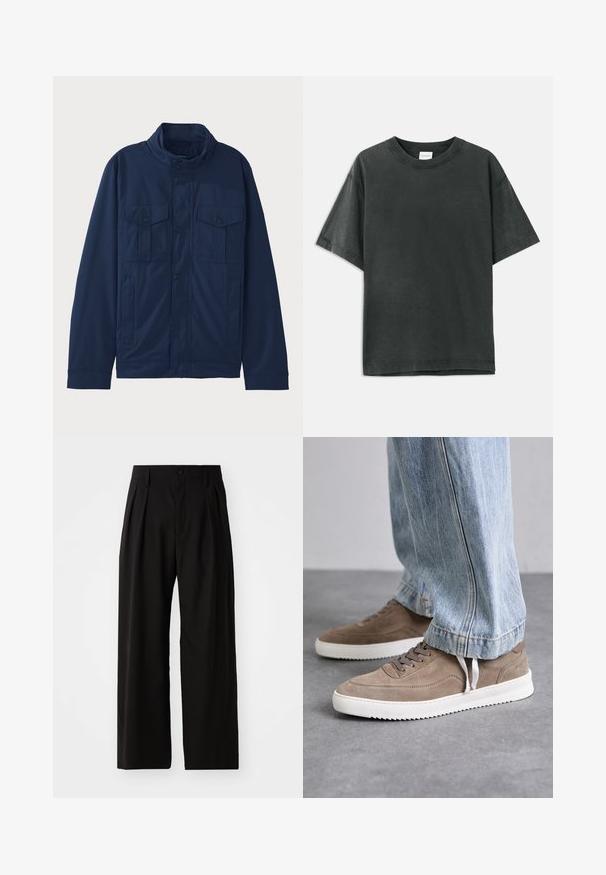 Tengerészkék pamut dzseki, álló gallérral, két elülső zsebbel és patentos záródással. Simas texture és struktúrált dizájn jellemzi.; Sötétszürke pamut póló rövid ujjakkal, kerek nyakkivágással és diszkrét márkás logóval. Simább textúrájú, lazább szabású, egyenes aljjal.; Fekete, széles lábú nadrág sima textúrával, két elülső redővel, gombos záródással és oldalsó zsebekkel. Tartós anyag.; Barna velúr sportcipők fehér gumi talppal, kerek fűzőkkel és alacsony profilú kialakítással. A farmernadrág részben takarja a cipőket.