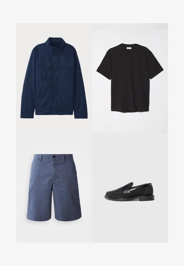 Tumši zils kažoks, kas izgatavots no kokvilnas, ar stāvošo apkakli, divām priekšējām kabatām un drukāšanas pogu aizdari. Gluda tekstūra ar strukturētu dizainu.; Melna kokvilnas T-krekls ar apaļu kakla izgriezumu, īsām piedurknēm un brīvu piegulšanu. Vienkāršs dizains, gluda tekstūra un bez redzamām rakstiem vai logotipiem.; Tumši zili kokvilnas šorti ar plakanu priekšpusi, ar vienu pogu, divām sānu kabatām un taisnu kāju griezumu. Gluda tekstūra, nav redzamu rakstu.; Melnas austas slaidu kurpes ar gludu ādas akcentu augšpusē, apaļas formas purngalu un zemas profila gumijas zoli.