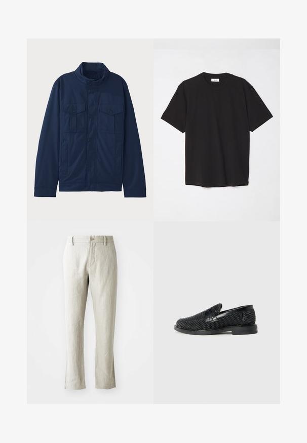 Granatowa kurtka wykonana z bawełny, z kołnierzem stojącym, dwiema przednimi kieszeniami i zapięciem na napy. Gładka tekstura z wyraźnie zarysowanym krojem.; Czarna bawełniana koszulka z okrągłym dekoltem, krótkimi rękawami i luźnym krojem. Prosty fason, gładka tekstura, brak widocznych wzorów lub logo.; Jasno beżowe lniane spodnie o prostym kroju, subtelnej teksturze, z zapięciem na guzik z przodu oraz dwoma kieszeniami po bokach. Dopasowane, by zapewnić schludny sylwetkę.; Czarny, pleciony but wsuwany z gładkim skórzanym akcentem na cholewce, o okrągłym nosku i niskoprofilowej gumowej podeszwie.