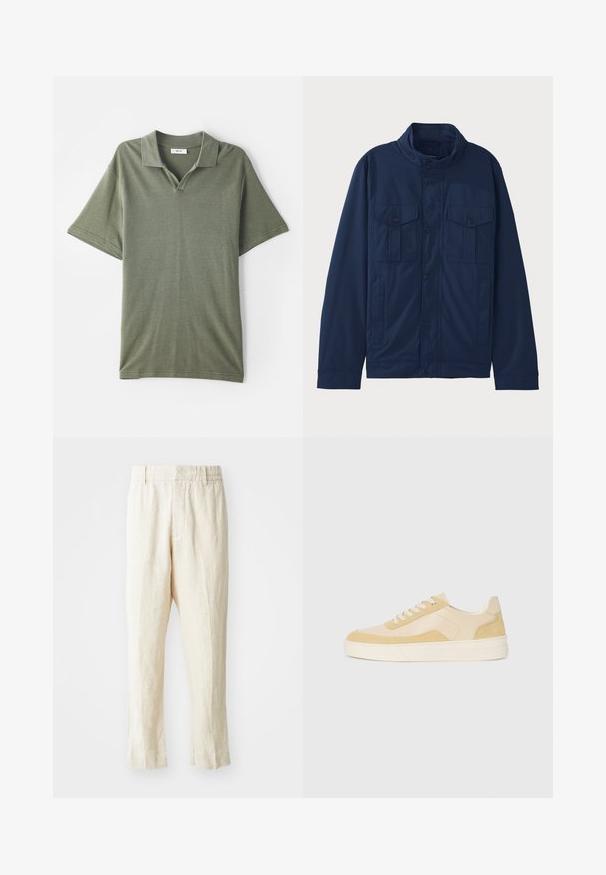 Marineblå jakke lavet af bomuld, med en stående krave, to frontlommer og knaplukning. Glat tekstur med en struktureret design.; Olivengrønt kortærmet polo-shirt med krave og struktureret stof. Har en V-formet åbning og en afslappet pasform.; Beige linnedragter med løs pasform, tapered ben og flad front. Har en elastisk talje for komfort og minimal sømdetaljering.; Sko i lys gul ruskind og læder, med en polstret sål og stikninger. Klassisk snørebåndsdesign med en rund tå.