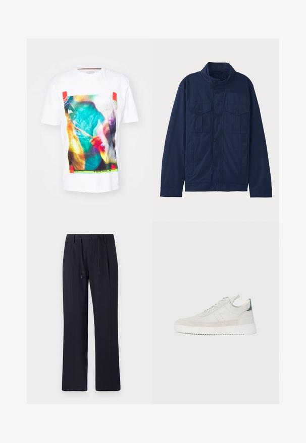 Mörkblå jacka i bomull, med ståkrage, två framfickor och tryckknappsstängning. Slät textur med en strukturerad design.; Paul Smith PHOTO - T-shirt med print - white; Mörkblå byxor med rak bendesign, tillverkade av strukturerad tyg. Har en framknäppning med knapp och justerbar dragsko i midjan.; Vita lädersneakers med grå mockadetaljer, snördesign, dragflik och texturerad gummisula med ett zigzag-mönster.
