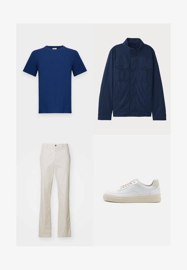 Tumesinine jakk, mis on valmistatud puuvillast, tõusva kraega, kahe esipocketiga ja nööpnupuga kinnitamises. Sile struktuuriga disain.; Tume sinine lühikeste varrukatega T-särk, mis on valmistatud puuvillast. Omab ümmargust kaelaava ja sirget lõiget, millel on sile tekstuur ja nähtamatud mustrid.; J.LINDEBERG LOIS CLOUD PANTS - Püksid - moonbeam; Valged tennisajalatsid, millel on sile naha pealis, beežid paelad ja tekstureeritud beežist seemisnahast kand. Tõstetud tallad lisatud kõrguse saavutamiseks.