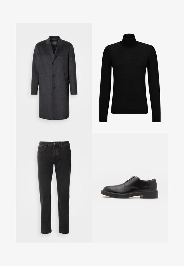 Sötétszürke gyapjú kabát, lekerekített hajtókával, három gombbal, két oldalsó zsebbel és egyenes siluettel. Simább textúra és strukturált dizájn.; Fekete garbó pulóver puha anyagból, hosszú ujjakkal és szoros fazonnal. Ribbed díszítés az alján és az ujjak végén. Egyszerű dizájn.; Scotch & Soda CORE THE ZEE - Egyenes szárú farmer - city black; Fekete bőrcipő, kerek orrú, sima felületű, minimális varrással és alacsony gumitalppal. Logó a sarokrészen.
