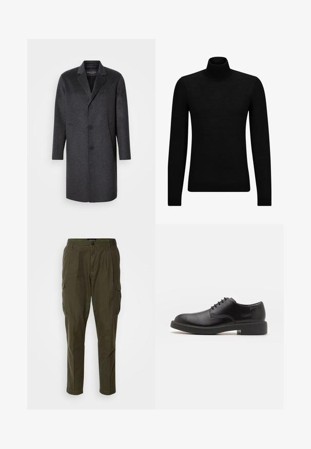 Tmavě šedý vlněný kabát s klopovým límcem, třemi knoflíky, dvěma bočními kapsami a rovnou siluetou. Hladká textura a strukturovaný design.; Černý rolák vyrobený z měkkého materiálu, s dlouhými rukávy a těsným střihem. Hladký lem na spodním okraji a manžetách. Jednoduchý design.; Olive zelené cargo kalhoty ze směsi bavlny, s několika bočními kapsami, rovný střih a prošívané detaily podél pásku.; Černé kožené šněrovací boty s kulatou špičkou, hladkým povrchem, minimálním prošíváním a nízkým gumovým podpatkem. Logo na patě.