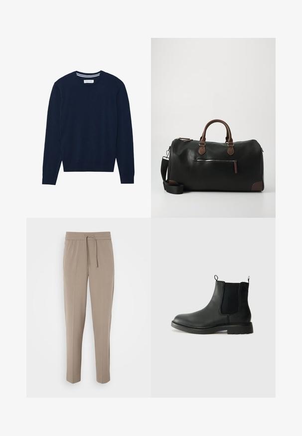 Dark gray wool overcoat with a notched lapel, three buttons, two side pockets, and a straight silhouette. Smooth texture and structured design.; Navy blue knit sweater with a crew neckline, long sleeves, and ribbed cuffs. Features a contrasting striped detail on the collar.; Light beige trousers with an elastic waistband, adjustable drawstring, and tapered legs. Fabric appears smooth with a slight sheen.; Black leather chelsea boots with elastic side panels, pull tabs, rounded toe, and textured rubber sole. Smooth surface and sturdy design.; Black leather duffel bag with brown accents, featuring two handles, an adjustable shoulder strap, and a front zippered pocket.