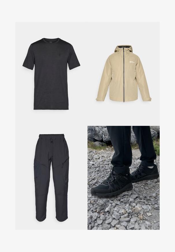 Bežna vodoodporna jakna s kapuco, sprednjim zadrgo, dvema stranskima žepoma in logotipom na levem prsnem delu, ki se ponaša z gladko teksturo in minimalnim dizajnom.; Črna kratka majica s kratkimi rokavi, izdelana iz gladkega in lahkega materiala. Ima okroglo ovratnico in vezeno logo na prsih.; Črne cargo hlače iz lahkega, vodoodpornega materiala; imajo elastični pas, več žepov z zadrgo in ožja hlačnica.; Črne zunanje čevlje iz mrežastega in sintetičnega materiala, s teksturiranim zgornjim delom, zavarovanim sistemom vezalk in trdim podplatom, na skalnatem terenu.