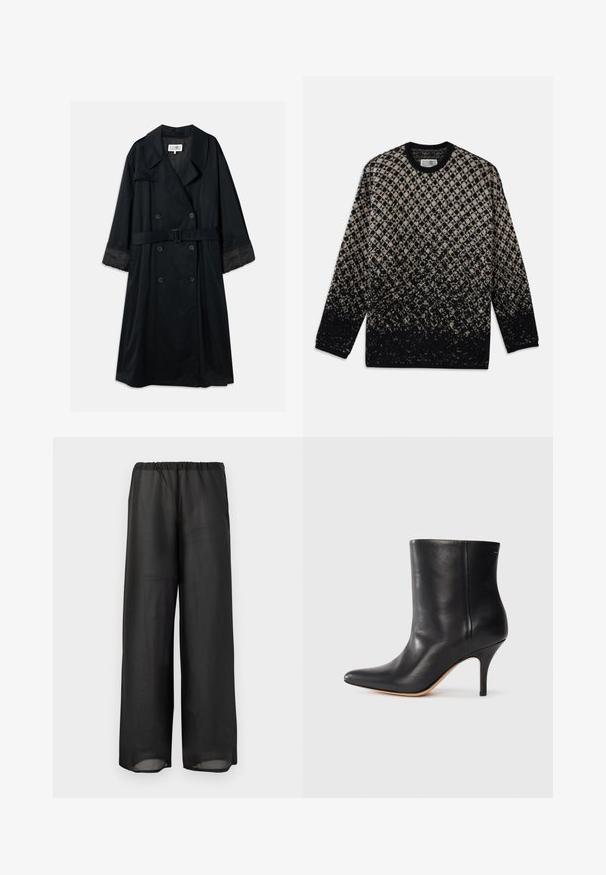 Must beeline mantel, millelülitatud ja kahe rea nupukestega, laiad õlavarre lapid, vöödiga talje ja kontrastsed satiinist mansetid. Sile tekstuur.; Kootud sviiter, millel on beez ja musta värvi teemantmuster ning järkjärguline värvifadeerumine. Ümar kaelus ja pikad varrukad. Pehme tekstuur.; Mustad laiad püksid kergest, poolläbipaistvast kangast, millel on kummiriba. Disain rõhutab voolujoonelist ja lõdva siluetti.; Must musta jalatsid terava ninaga, õhukese stiletto kontsaga ja siledast nahast. Minimalistlik disain ilma nähtava riistvarata või aksessuaarideta.
