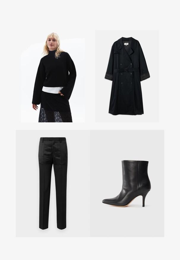 Zwarte trenchcoat met een dubbelbreasted ontwerp, brede revers, bevestigd taille en contrasterende satijnen manchetten. Gladde textuur.; Zwart gebreid trui met een hoge hals en wijde mouwen, gedragen over een witte top, gecombineerd met een doorschijnende zwarte kant rok.; Zwarte op maat gemaakte broek met rechte pijpen en een tailleband met riemlussen, voorzien van een mix van matte en glanzende stofpanelen.; Zwarte leren enkelboot met puntige neus, slanke stilettohak en een gladde textuur. Minimalistisch ontwerp zonder zichtbare hardware of accenten.