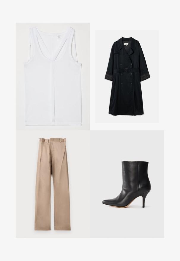Cappotto nero in stile trench con design doppiopetto, ampie rever, vita con cintura e polsini in satin a contrasto. Texture liscia.; Helmut Lang STRAP RACER TANK - Top - optic white; Pantaloni beige su misura con gamba dritta, caratterizzati da davanti piatto, passanti per cintura e pieghe. Realizzati in tessuto liscio con una texture morbida.; Stivale alla caviglia in pelle nera con punta affilata, sottile tacco a stiletto e superficie liscia. Design minimalista senza hardware o accenti visibili.
