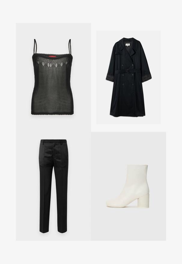 Svart trenchcoat med dubbelknäppning, breda slag, bältad midja och kontrasterande satinärmar. Slät textur.; Svart topp i enskiktat tyg, med delikata broderade detaljer längs halsringningen och tunna justerbara axelband.; Svarta skräddarsydda byxor med raka ben och midjeband med bälteshällor, som har en blandning av matta och skinande tygpaneler.; Vit läderankelboot med rund tå och kraftig cylindrisk klack. Slät textur, minimal design, inga synliga detaljer eller mönster.