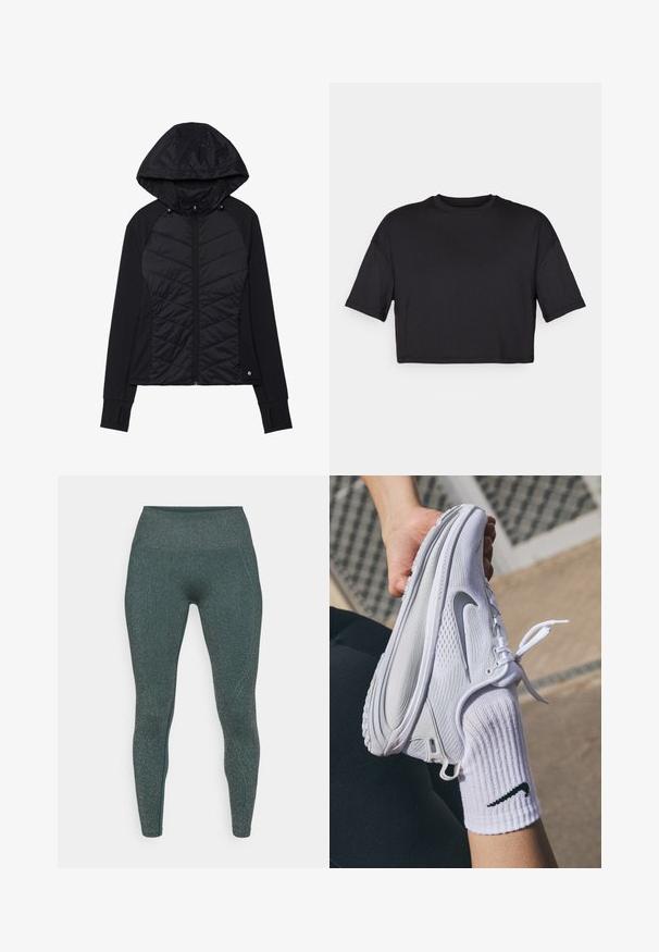 Czarna kurtka z pikowaną przodu, miękka tkanina, zamek błyskawiczny i kaptur z zatrzaskami. Posiada otwory na kciuki w mankietach.; Czarna krótka koszulka z miękkiego materiału, z okrągłym dekoltem i krótkimi, szerokimi rękawami, o prostej, bezszwowej konstrukcji.; Ciemnozielone legginsy z metalicznym połyskiem. Wysoki stan, gładka tekstura i dopasowany krój. Brak widocznych szwów i wzorów.; Białe sportowe buty z teksturowanym wzorem i szarym logo Nike, trzymane nad białą skarpetą. Buty mają elastyczną podeszwę i sznurówki.