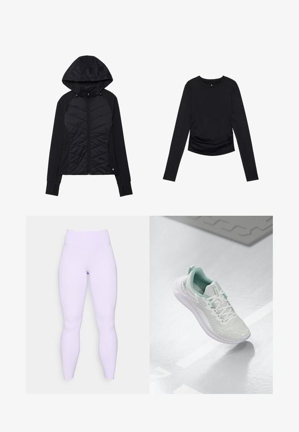 Giacca nera con design trapuntato nella parte anteriore, tessuto morbido, chiusura con zip e cappuccio con bottoni a pressione. Include fori per il pollice sui polsini.; Top nero a maniche lunghe con scollo rotondo e dettagli arricciati sui lati, esposto su uno sfondo bianco uniforme.; Leggings lilla con una vita alta, realizzati in un tessuto elastico e liscio. Design aderente senza motivi o accenti visibili.; Scarpa sportiva grigio chiaro con tomaia in maglia testurizzata, dettagli verde menta, lacci bianchi, suola in gomma e linguetta sul tallone.