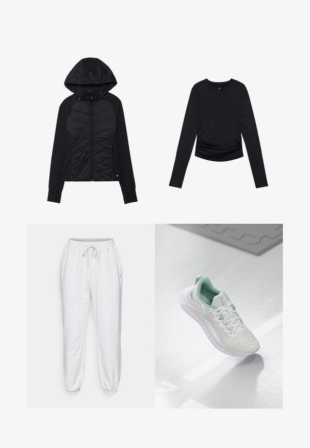 Fekete dzseki a frontján steppelt mintával, puha anyagból, cipzáras záródással és patentos kapucnival. Ujjaknál hüvelykujjlyukakkal rendelkezik.; Fekete, hosszú ujjú felső, kerek nyakkivágással és ráncolt részletekkel az oldalán, sima fehér háttér előtt bemutatva.; Világosszürke jogger nadrág puha anyagból, elasztikus derékkal, húzózsinórral és szűkített szárakkal, oldalsó zsebekkel.; Világosszürke sportcipő, texturált kötött felső réteggel, menta zöld kiegészítőkkel, fehér fűzőkkel, gumitalppal és húzófüllel a saroknál.