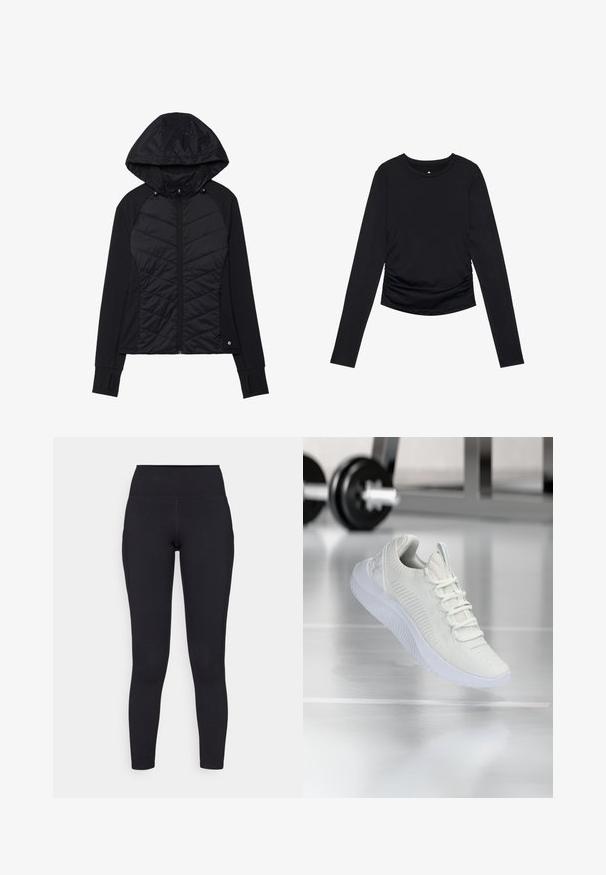 Fekete dzseki a frontján steppelt mintával, puha anyagból, cipzáras záródással és patentos kapucnival. Ujjaknál hüvelykujjlyukakkal rendelkezik.; Fekete, hosszú ujjú felső, kerek nyakkivágással és ráncolt részletekkel az oldalán, sima fehér háttér előtt bemutatva.; Fekete, magas derekú leggings rugalmas anyagból, sima textúrával és testhezálló kialakítással, amely a boka fölé nyúlik.; Fehér sportcipő, texturált hálós felsőrésszel és fűzős rendszerrel, párnázott fehér talppal és finom bordázott részletekkel.