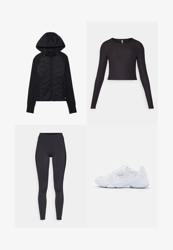 Chaqueta negra con un diseño acolchado en el frente, fabricada en tejido suave, con cierre de cremallera y capucha con botones a presión. Incluye agujeros para los pulgares en los puños.; Top corto negro de manga larga hecho de tela acanalada. Presenta un cuello redondo y una silueta ajustada con superficie texturizada.; Leggings negros de tiro alto hechos de material elástico. Presentan una textura suave, un ajuste ceñido y detalles de costura sutiles a lo largo de los lados.; Zapatilla deportiva blanca con parte superior de malla texturizada, cuello acolchado y suela gruesa. Presenta un logo en el lateral y cierre con cordones.