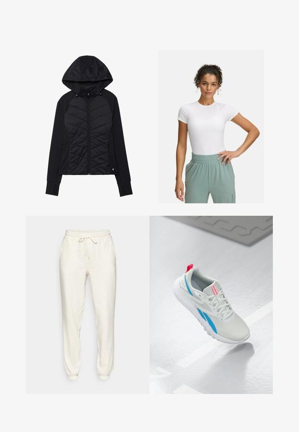 Juodas švarkas su siuvinėta priekiu, minkšta medžiaga, užtrauktuko uždarymas ir gobtuvas su snapeliais. Rankovėse yra nykščio angos.; Baltas prigludęs marškinėliai su trumpomis rankovėmis, derinami su šviesiai žaliomis elastingomis kelnėmis. Lygi tekstūra, minimalistinis dizainas, be akivaizdžių raštų.; Šviesiai pilki sportiniai kelnių, pagaminti iš minkštos medžiagos, su elastingu juosmeniu su raišteliu, šoninėmis kišenėmis ir patempta kulkšnimi.; Balti ir mėlyni Reebok sportbačiai su raudonu kilimėliu, pakabinti virš blizgaus grindų paviršiaus greta pilkos gumos kilimėlio.