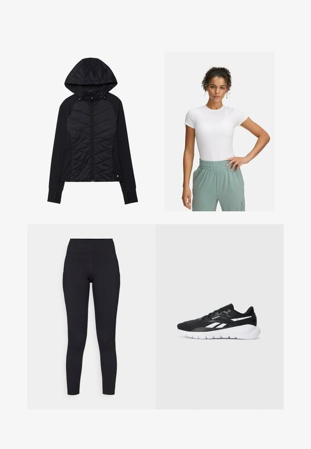 Melna jaka ar kvadrātu dizainu priekšpusē, mīksta auduma, ar rāvējslēdzēju un kapuci ar pogām. Iekļautas arī plaukstu caurumi uz piedurknēm.; Balta pieguļoša T-kreklā ar īsām piedurknēm, kombinēta ar gaiši zaļām elastīgām biksēm. Gluda tekstūra, minimālisma dizains, bez redzamām rakstainām detaļām.; Melni augstās vidukļa legingi, izgatavoti no elastīga materiāla, ar gludu tekstūru un pieguļošu dizainu, kas sasniedz potītes.; Melna sporta apava ar elpojošu sietu augšdaļu un baltām akcentu krāsām. Iekļauj mīkstinātu zoli un auklu dizainu drošai piegulšanai.