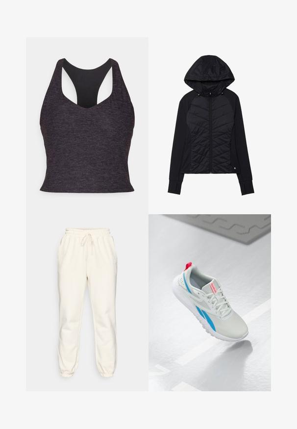 Crna jakna s kviltanim dizajnom sprijeda, mekani materijal, zatvaranje na zip, i kapuljača s dugmadima. Uključuje rupice za palčeve na rukavima.; Sportski grudnjak u tamnosivoj boji s glatkom teksturom, koji ima širok dizajn s leđa i dubok V-izrez za poboljšanu podršku.; Kremaste trenirke napravljene od mekanog materijala, s elastičnim pojasom s vezicom, bočnim džepovima i uskim manžetama na gležnjevima.; Bijeli i plavi Reebok tenisica s crvenom trakom za povlačenje koja lebdi iznad sjajnog poda sivi gumeni podmetač u blizini.