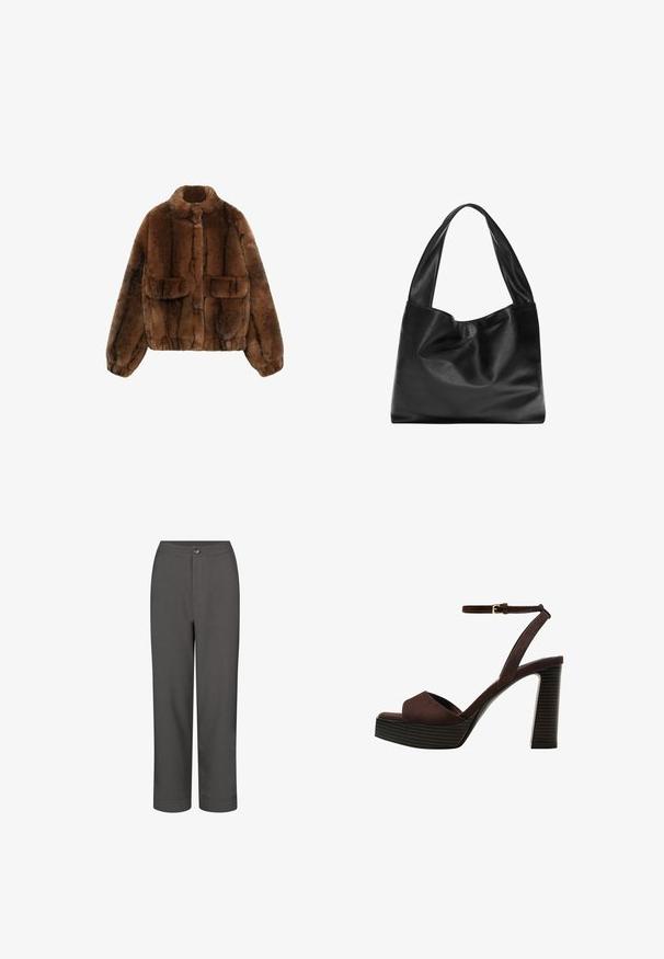 Brown faux fur jacket with a high collar, two front pockets, and elasticized waistband and cuffs, featuring a soft, textured surface.; Dark grey short-sleeve top with a boat neckline. Made from ribbed fabric, featuring a relaxed fit and clean hemline. Simple design, no patterns.; Gray dress pants featuring a straight-leg design, smooth texture, a front button closure, and cuffed hems for a tailored look.; Brown suede high-heeled sandal with an open toe, adjustable ankle strap, and a striped platform sole.; Black leather tote bag with a soft, slouchy design, wide handles, and smooth texture. No visible hardware or embellishments.