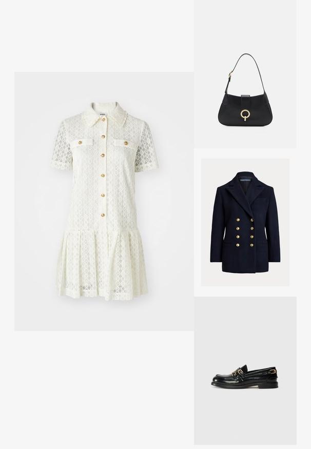 Doppelreihiges navy Blazer aus Wolle mit großen goldenen Knöpfen, spitzen Revers und Seitentaschen. Verfügt über eine Brusttasche und eine taillierte Passform.; Spitzenkleid in Creme mit kurzen Ärmeln, Kragen, goldenen Knöpfen und zwei Brusttaschen. Ausgestellter Rock mit gewelltem Saumdetail.; Schwarze Lederloafers mit glänzender Oberfläche, ausgestattet mit zwei goldenen Schnallen und einem niedrigen Absatz. Glatte Textur mit abgerundetem Zehendesign.; Schwarze Ledertasche mit einer geschwungenen Silhouette, kurzer Tragriemen, zentralem goldfarbenem Hardware und glatter Textur. Keine sichtbaren Muster oder Akzente.