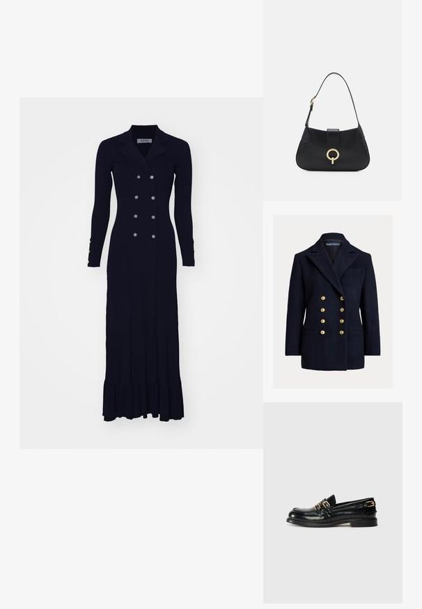 Blazer doppiopetto blu navy in lana con grandi bottoni dorati, rever a punta e tasche laterali. Presenta una tasca sul petto e una vestibilità su misura.; Abito lungo a coste nere con chiusura doppiopetto, colletto a risvolto e orlo svasato. Presenta bottoni in tono argento sulle maniche.; Mocassini neri in pelle con finitura lucida, dotati di due fibbie dorate e tacco basso. Texture liscia con design a punta arrotondata.; Borsa a tracolla in pelle nera con silhouette curva, manico corto, hardware centrale in tonalità oro e texture liscia. Nessun motivo o dettaglio visibile.