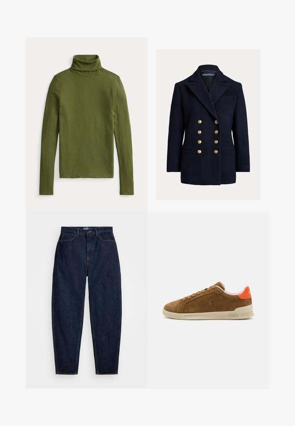 Kétsoros, gyapjú kék blézer, nagy aranygombokkal, hegyes hajtókákkal és oldalzsebekkel. Tartalmaz egy mellzsebet és testre szabott szabást.; Olíva zöld garbó, bordás textúrával, hosszú ujjakkal és testhez álló fazonnal, az alján egy kis hímzett logóval.; Sötétkék farmernadrág egyenes szabással, narancssárga varrással, elöl gombos záródással és öt zsebbel.; Barna velúr sneakers, krém színű gumitalppal, narancssárga részletekkel a saroknál és egy apró logóval az oldalon.
