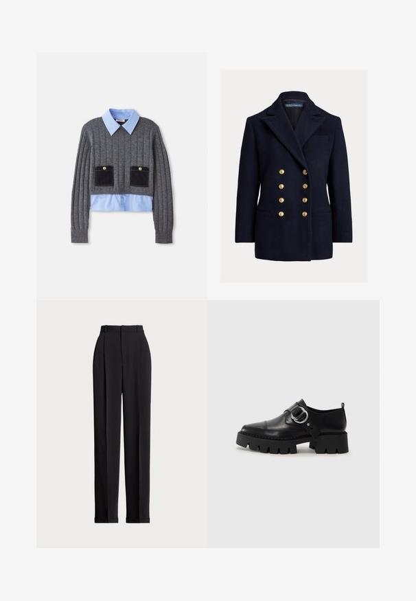 Divkrūšu zila žakete no vilnas ar lieliem zelta pogām, ar izteiktiem atlokiem un sānu kabatām. Rādot krūšu kabatu un pielāgotu piegriezumu.; Pelēks ribots džemperis ar gaiši zilu krekla apkakli zem tā, kurā ir divas priekšējās kabatas ar tumši ziliem akcentiem un pogu detaļām.; Melnas piegriezuma bikses ar augstu jostasvietu, priekšā ar krokām, taisna kāju dizains un ar aprocēm. Izgatavotas no gludas auduma.; Melni ādas apavi ar masīvu, rievojumu zoli, ar apaļu sudraba aksesuāru un minimālām šuvēm.