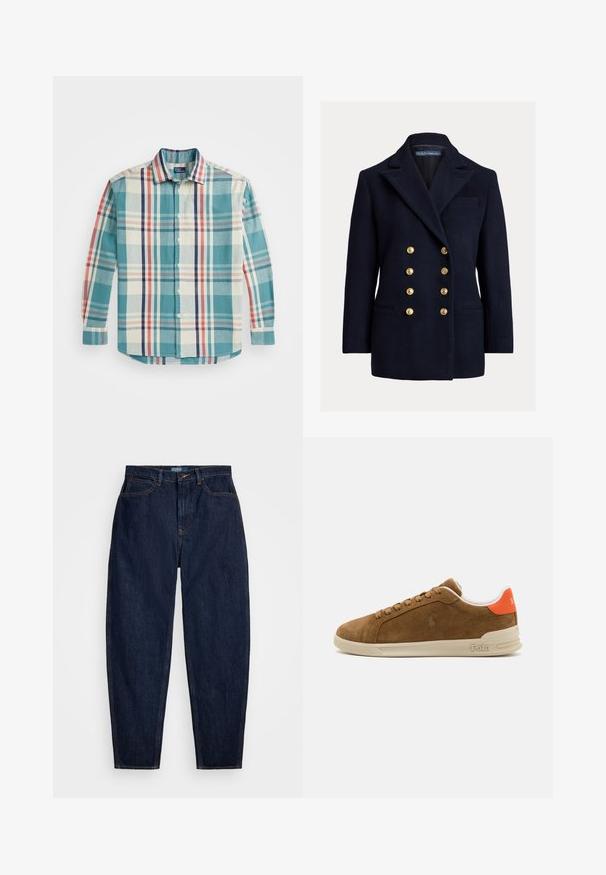 Dvojradový námorníkový blejzer z vlny s veľkými zlatými gombíkmi, špicatými klopami a bočnými vreckami. Obsahuje náprsné vrecko a prispôsobený strih.; Košeľa na gombíky vyrobená z tkaniny s tkaným vzorom, s tehlovo-zelenou, krémovou, námorníckou a červenou kockovanou textúrou. Má rozšírený golier a dlhé rukávy.; Tmavomodré džíny so strihom rovného nohu, s oranžovým štepovaním, predným zapínaním na gombík a piatimi vreckami.; Hnedé semišové tenisky s krémovou gumovou podrážkou, ktoré majú oranžové akcenty na päte a malý detail loga na boku.