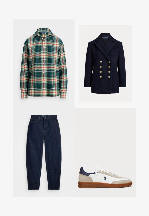 Dwurzędowa granatowa marynarka z wełny z dużymi złotymi guzikami, z szpiczastymi klapami i bocznymi kieszeniami. Posiada kieszeń na piersi i dopasowany krój.; Koszula z długim rękawem, zapinana na guziki, w zielono-granatowo-białą, pomarańczową i żółtą kratę, z kołnierzykiem rozłożonym i małym haftowanym logo na piersi.; Granatowe dżinsy o prostym kroju, z pomarańczowym przeszyciem, z zapinaniem na guzik z przodu oraz pięcioma kieszeniami.; Białe i beżowe sneakersy z cholewką z zamszu i skóry, granatowymi akcentami i brązową gumową podeszwą. Posiadają logo po boku oraz sznurowany design.