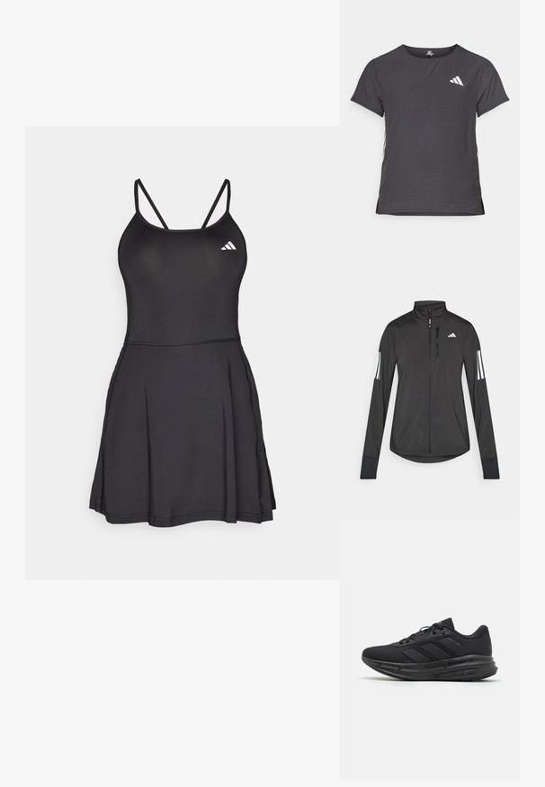 Černá atletická bunda vyrobená z lehkého materiálu. Má přední zip, vysoký límec a tři bílé pruhy na každém rukávu.; Černé sportovní šaty s přiléhavým sáčkem, tenkými ramínky a rozšířenou sukní. Na horní levé straně je emblém Adidas v bílé barvě. Hladká textura.; Kraťasový sportovní tričko, tmavě šedé barvy s perforovanou texturou. Obsahuje bílé logo a kontrastní boční pruhy. Kulatý výstřih.; Černá sportovní obuv s prodyšným síťovaným svrškem, se třemi matně černými pruhy, polstrovanou podešví a strukturovanou podrážkou pro lepší přilnavost.