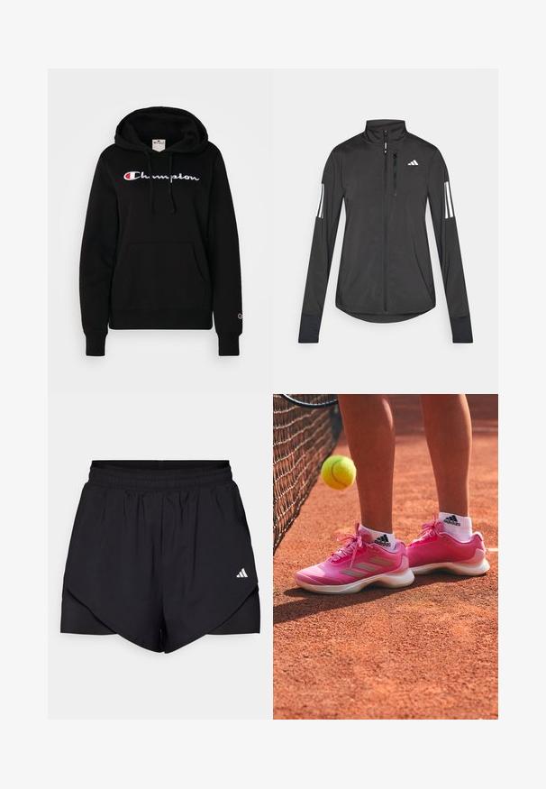 Jaqueta atlética preta feita de material leve. Apresenta um fecho frontal, colarinho alto e três riscas brancas em cada manga.; Champion ICONS CONTRAST LARGE LOGO - Camisola - black; Calções de desporto pretos com um design em camadas, feitos de um tecido leve. Apresentam uma cintura elástica e um pequeno logótipo branco de lado.; Ténis cor-de-rosa com um acabamento suave, apresentando detalhes cinza claro e solas brancas, combinados com meias brancas e uma bola de ténis num campo de terra batida.