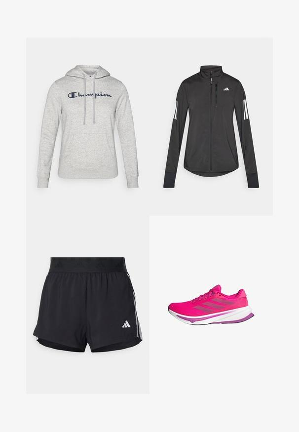 Zwarte sportjack gemaakt van lichtgewicht materiaal. Voorzien van een ritssluiting aan de voorkant, hoge kraag en drie witte strepen op elke mouw.; Grijze hoodie met een trekkoordcapuchon, een voorzak en een geborduurd "Champion" logo in marineblauw over de borst. Zachte stoftextuur.; Zwarte sportshorts met een elastische tailleband, voorzien van een gestructureerde band, zijstrepen en een wit Adidas-logo op de onderrand.; Roze hardloopschoenen met een bovenwerk van mesh, een witte tussenzool en paarse accenten. Drie grijze strepen aan de zijkant en een gebogen zoolontwerp.