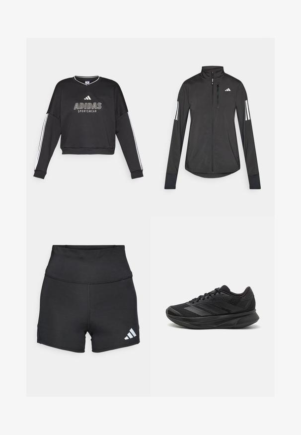 Svart idrottsjacka i lätt material. Har en framzipper, hög krage och tre vita ränder på varje ärm.; Svart Adidas sporttröja med vit branding och sidostråk, med en avslappnad passform och V-ringning.; adidas Performance Tights - black; Svart löparskor med ett andningsbart mesh-övre, rund tå, elegant design, texturerade accenter och en dämpad sula för komfort.