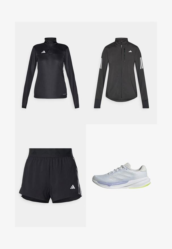 Černá atletická bunda vyrobená z lehkého materiálu. Má přední zip, vysoký límec a tři bílé pruhy na každém rukávu.; Černý sportovní pulovr s polo zipem, dlouhými rukávy, bílým logem na hrudi a texturovanou tkaninou pro prodyšnost.; Černé sportovní šortky s elastickým pasem, s texturovaným páskem, bočními pruhy a bílým logem Adidas na dolním lemu.; Bílé sportovní boty s prodyšným síťovaným svrškem, texturovaným designem a levandulovým akcentem. Mají polstrovanou podrážku s detaily v zelené barvě na podrážce.