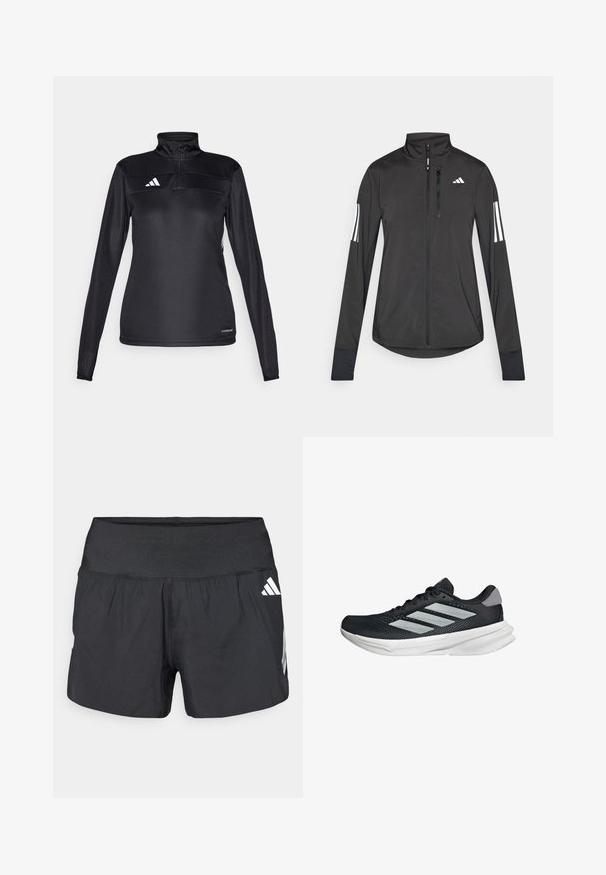 Black athletic jacket made of lightweight material. Features a front zipper, high collar, and three white stripes on each sleeve.; Black athletic pullover with a half-zip collar, long sleeves, white logo on the chest, and textured fabric for breathability.; Black athletic shorts featuring a wide elastic waistband, lightweight fabric, and white logo accents on the lower side.; Black running shoe with mesh upper, three silver stripes, white midsole, and textured outsole. Features padded collar and lace closure.
