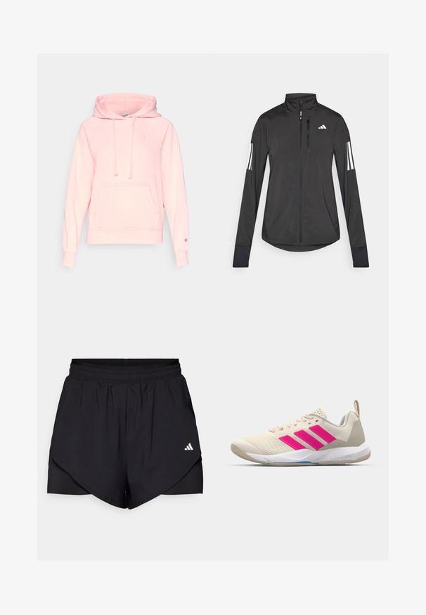Giacchetto sportivo nero realizzato in materiale leggero. Presenta una chiusura frontale con zip, colletto alto e tre strisce bianche su ciascun manica.; Felpa leggera rosa chiaro realizzata in morbido tessuto. Presenta una tasca frontale a marsupio, cappuccio con coulisse e polsini a coste. Emblema del logo sulla manica.; Pantaloni sportivi neri con un design a strati, realizzati in tessuto leggero. Presentano una vita elastica e un piccolo logo bianco sul lato.; Scarpa sportiva beige con logo a tre strisce rosa, tomaia in rete testurizzata, collo imbottito e suola in gomma bianca, con il marchio "LIGHTSTRIKE".