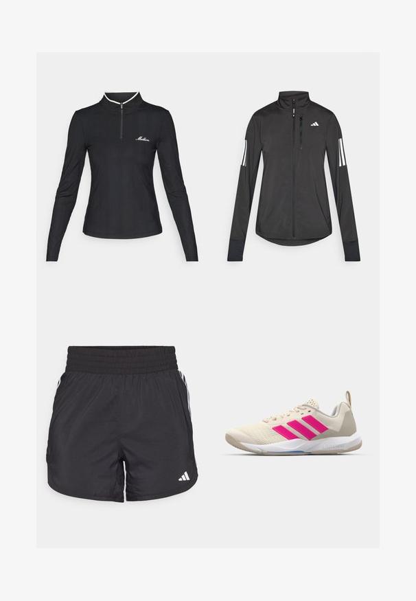 Svart treningsjakke laget av lett materiale. Har glidelås foran, høy krage og tre hvite striper på hver erme.; Svart langermet jakke med glidelås og ribbestruktur, kontrasterende hvit krage og liten logo på brystet. Fitted design.; Svarte treningsshorts med elastisk midje, sidelommer og hvite stripeaksenter på sidene. Laget av lett materiale.; Beige atletik sko med rosa tre-stripes logo, teksturert mesh-overdel, polstret krage og hvit gummisåle, med "LIGHTSTRIKE" merke.