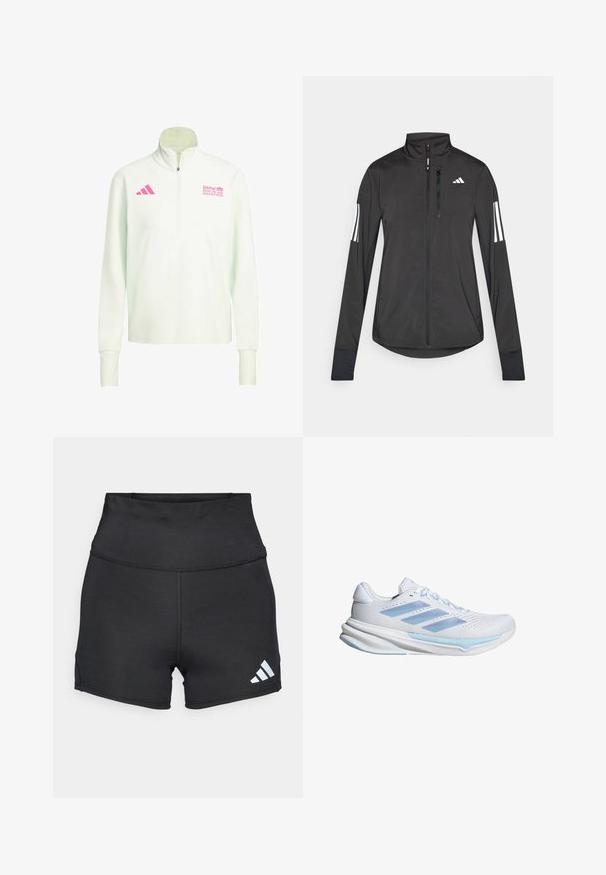 Black athletic jacket made of lightweight material. Features a front zipper, high collar, and three white stripes on each sleeve.; White long-sleeve quarter-zip pullover with pink Adidas logo on left chest and BMW Berlin Marathon logo on right chest.; adidas Performance Leggings - black; White running shoes with light blue accents, breathable mesh upper, three-stripe design, cushioned sole, and textured traction outsole.
