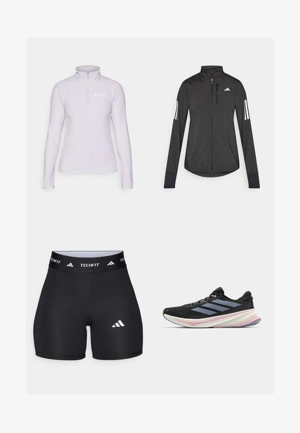 Veste de sport noire en matériau léger. Dotée d'une fermeture éclair sur le devant, d'un col haut et de trois rayures blanches sur chaque manche.; Pull-over en polaire violet clair avec col zippé. Il a des manches longues et un logo blanc sur la zone gauche de la poitrine. Texture douce.; Shorts noirs en tissu extensible avec un design ajusté. Dotés d'une large ceinture noire portant l'étiquette "TECHFIT" et d'un logo blanc sur la jambe.; Chaussure de course noire avec dessus en mesh, accents violet clair et trois bandes grises horizontales. Dispose d'une semelle rembourrée pour le confort.